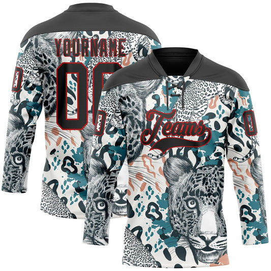 Custom White Black Blue-Red Leopard Hockey Lace Neck Jersey - Main View
