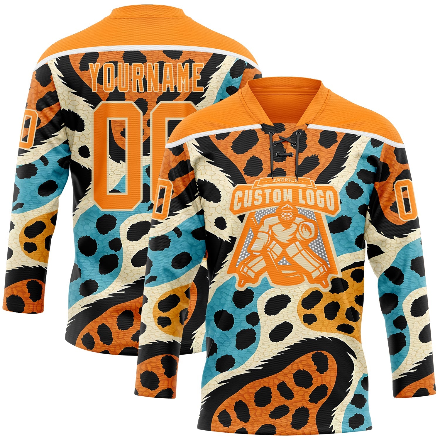Custom Bay Orange Blue Black-Cream Animal Print Hockey Lace Neck Jersey view 2
