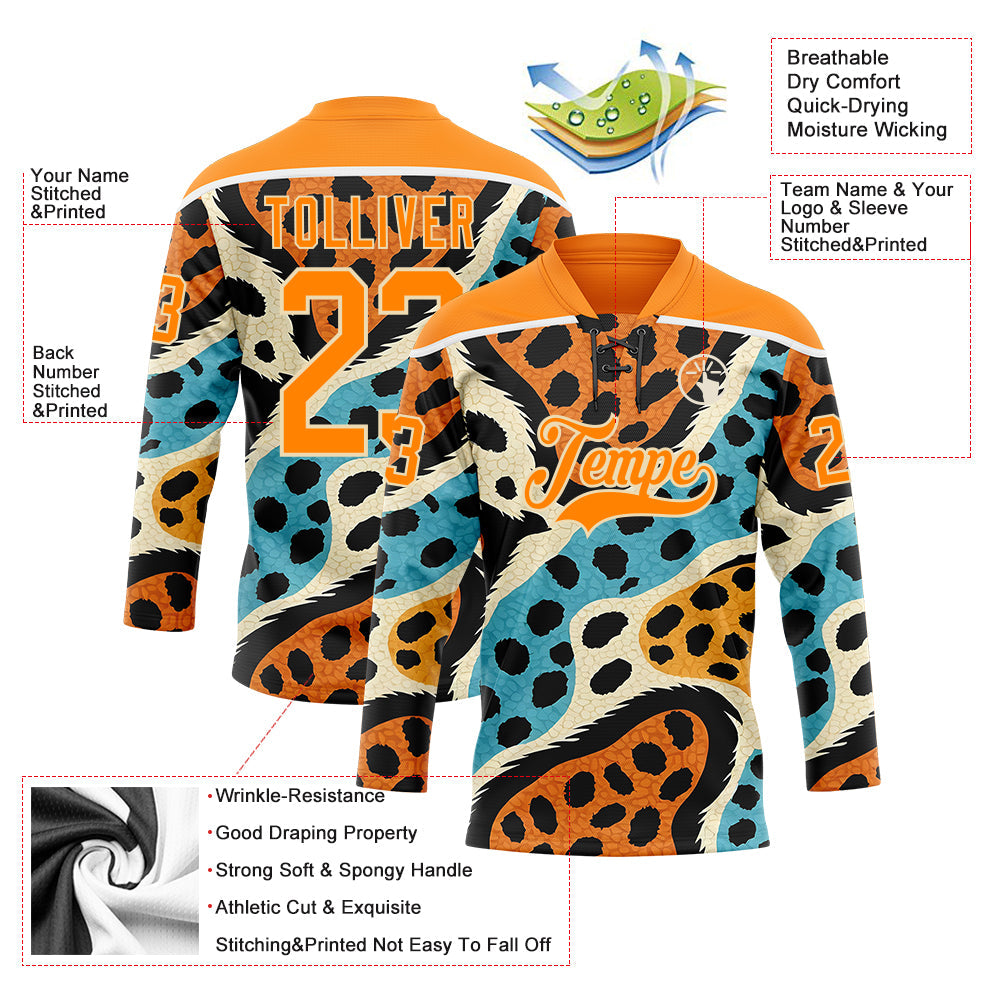 Custom Bay Orange Blue Black-Cream Animal Print Hockey Lace Neck Jersey view 5