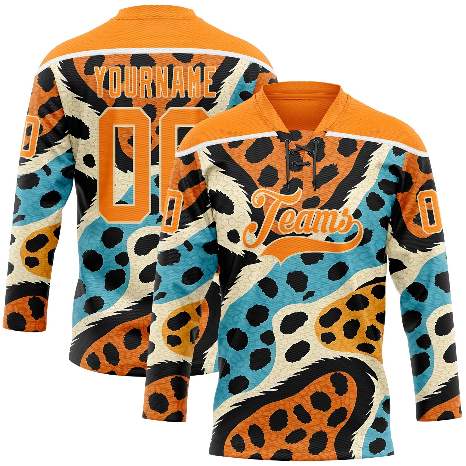 Custom Bay Orange Blue Black-Cream Animal Print Hockey Lace Neck Jersey - Main View