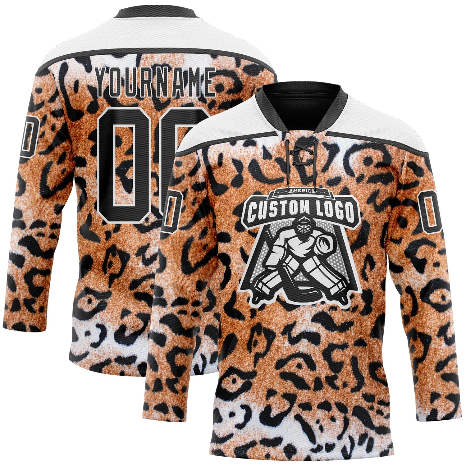 Custom Brown Black-White Leopard Print Hockey Lace Neck Jersey view 2