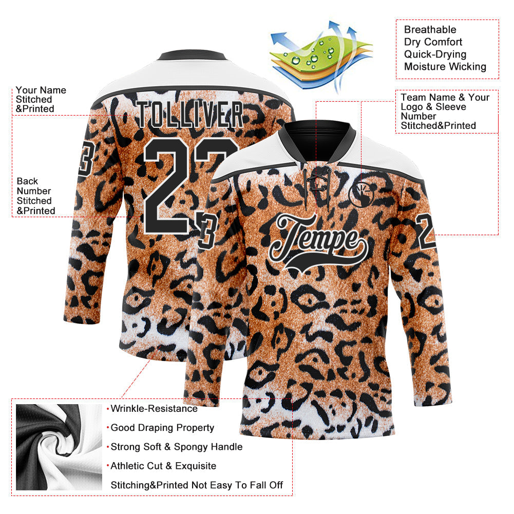 Custom Brown Black-White Leopard Print Hockey Lace Neck Jersey view 5