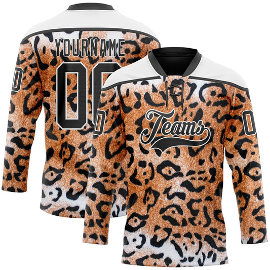 Custom Brown Black-White Leopard Print Hockey Lace Neck Jersey - Main View