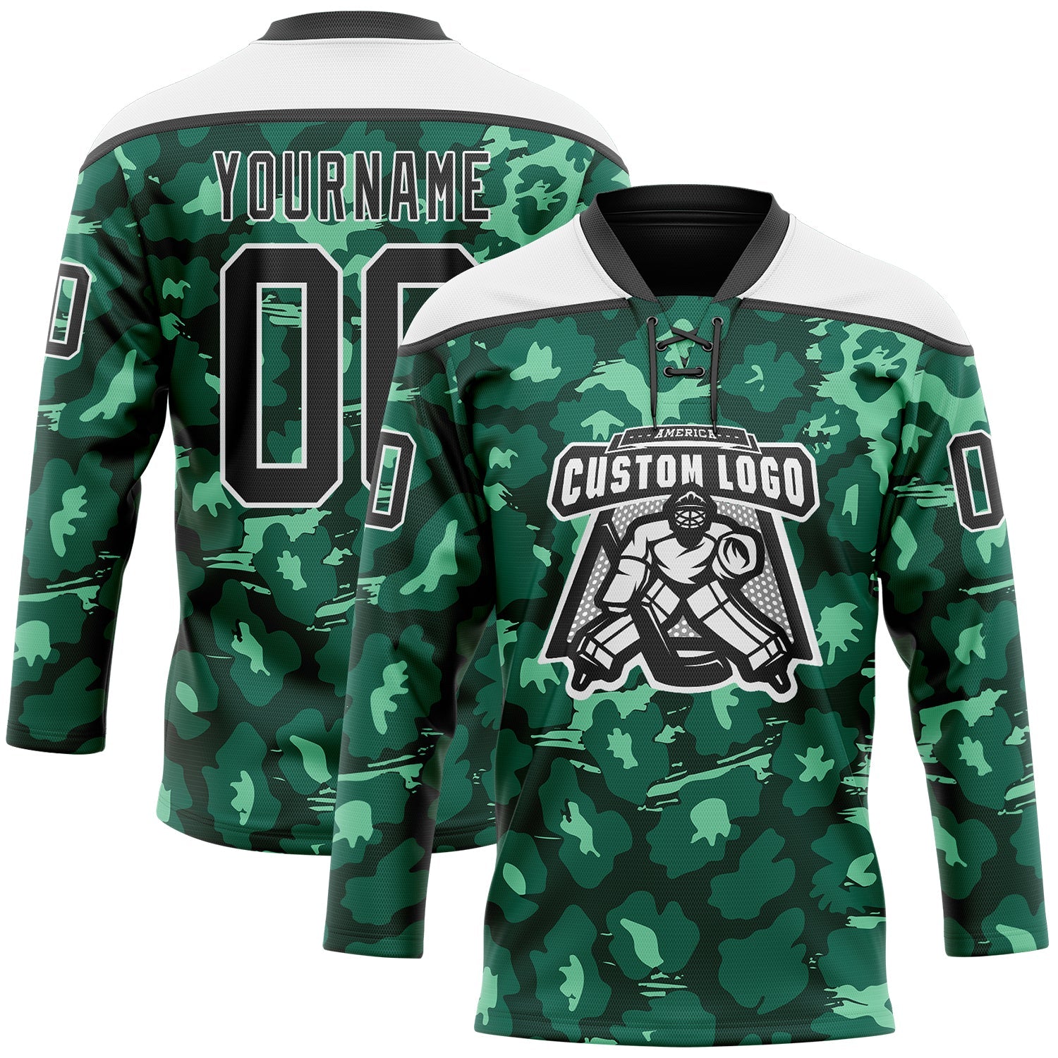 Custom Green Black-White Leopard Print Hockey Lace Neck Jersey view 2