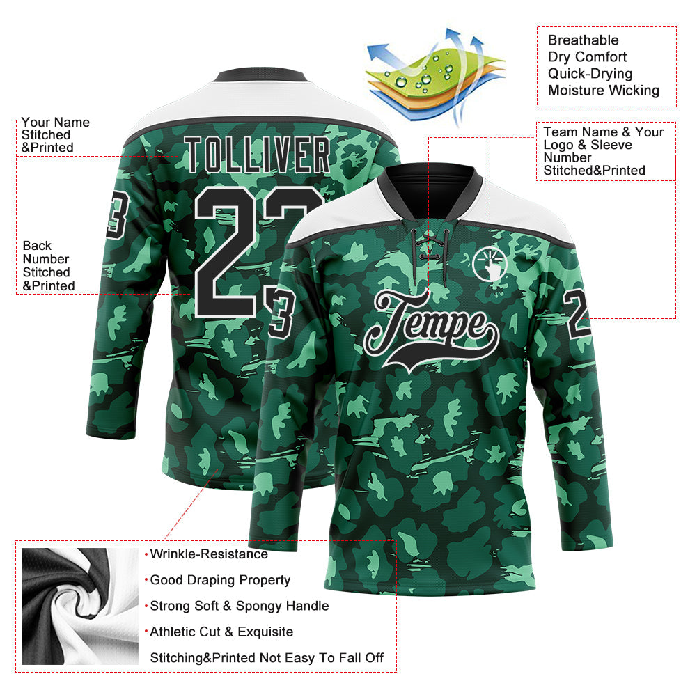 Custom Green Black-White Leopard Print Hockey Lace Neck Jersey view 5