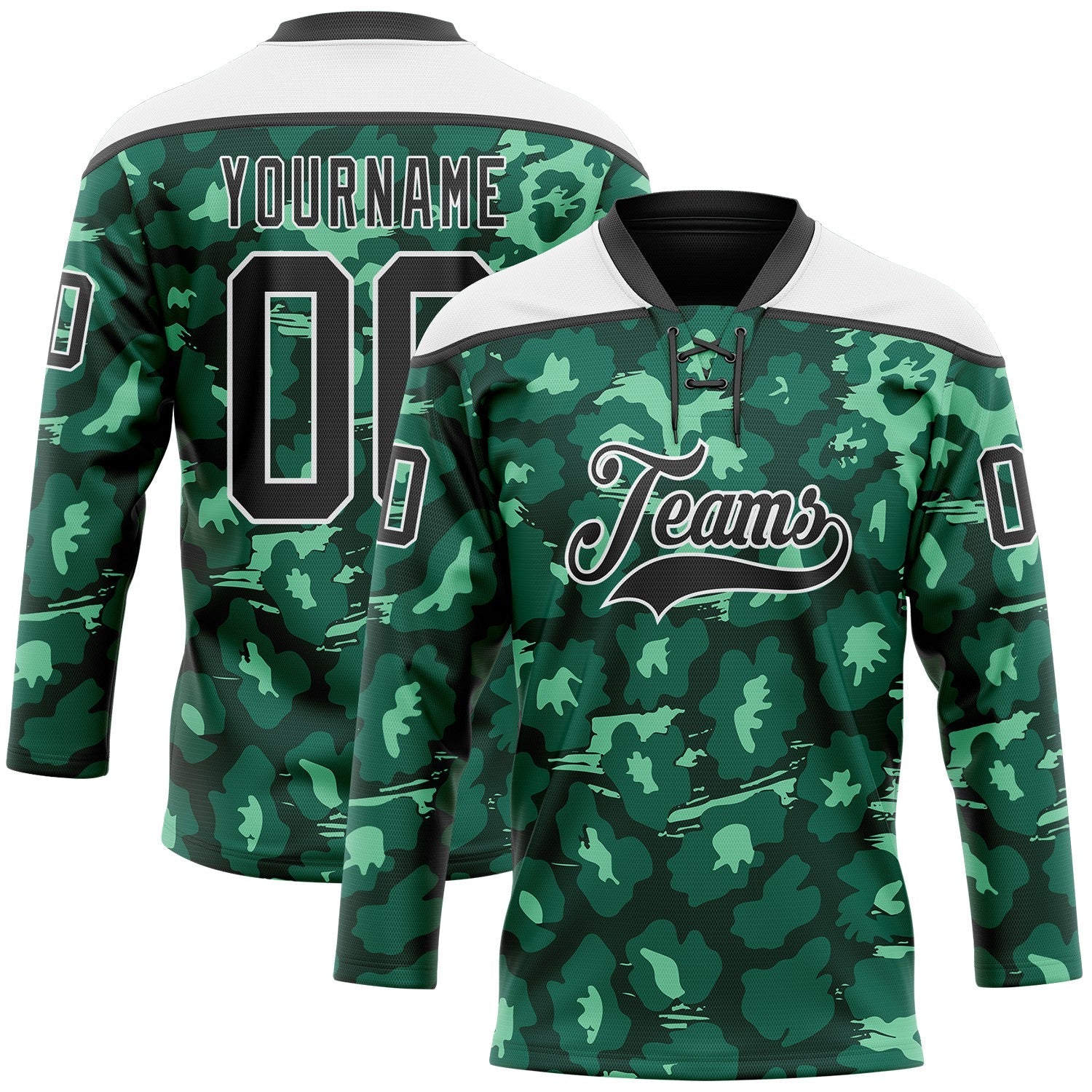 Custom Green Black-White Leopard Print Hockey Lace Neck Jersey - Main View