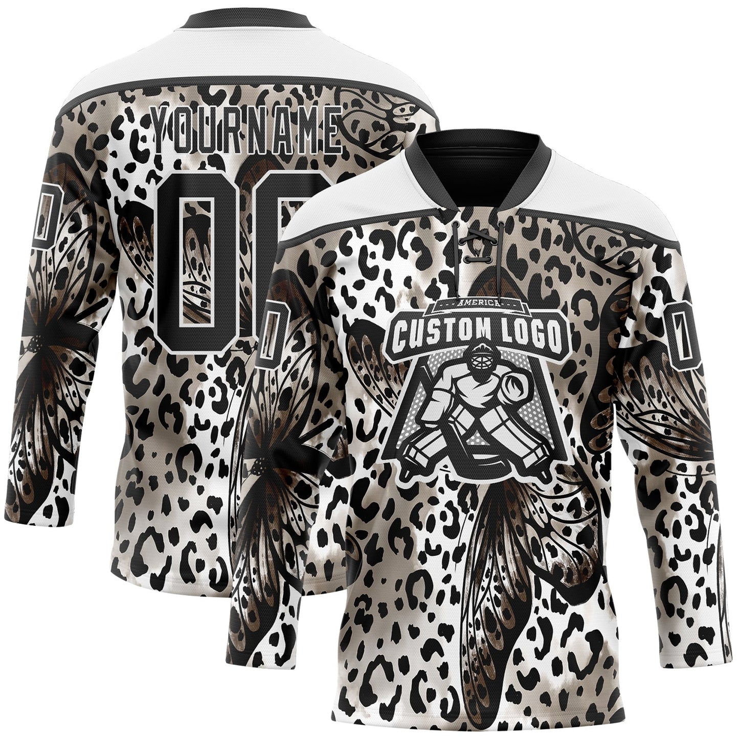 Custom White Black Leopard Print Hockey Lace Neck Jersey view 2