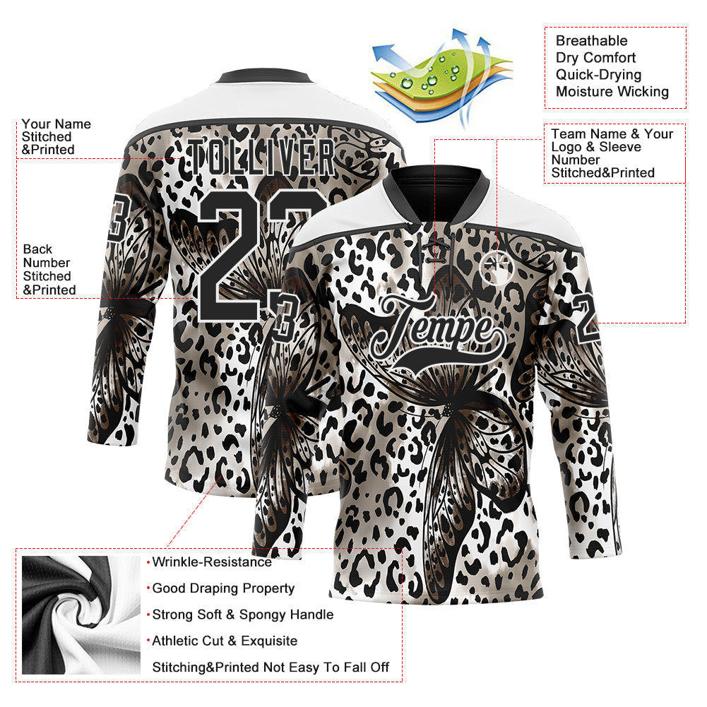Custom White Black Leopard Print Hockey Lace Neck Jersey view 5