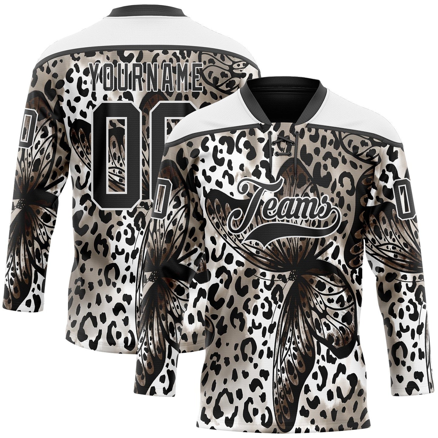 Custom White Black Leopard Print Hockey Lace Neck Jersey - Main View