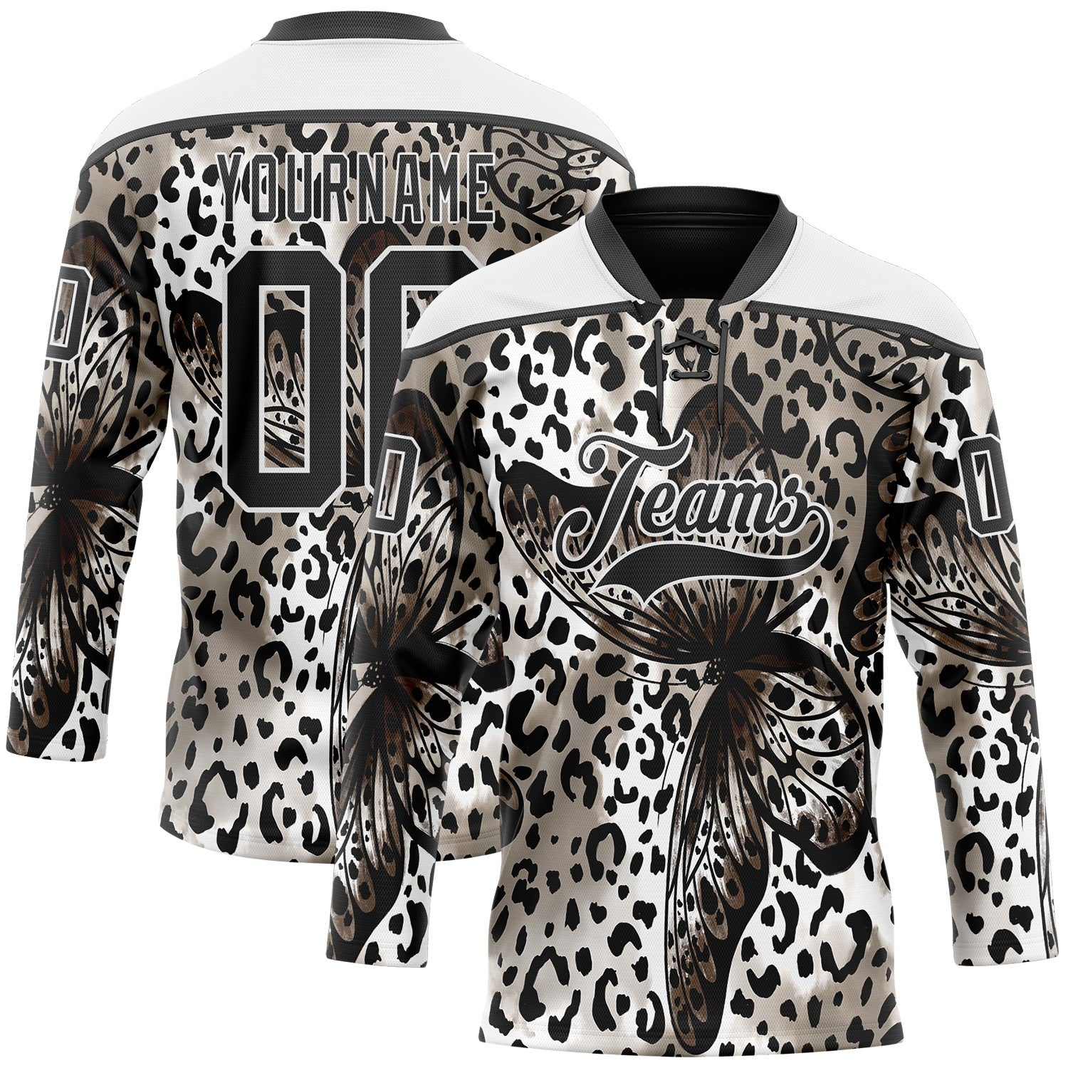 Custom White Black Leopard Print Hockey Lace Neck Jersey - Main View