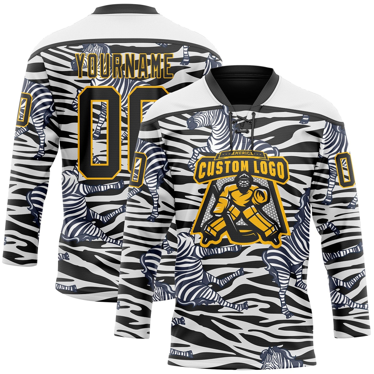 Custom White Black-Gold Zebra Print Hockey Lace Neck Jersey view 2