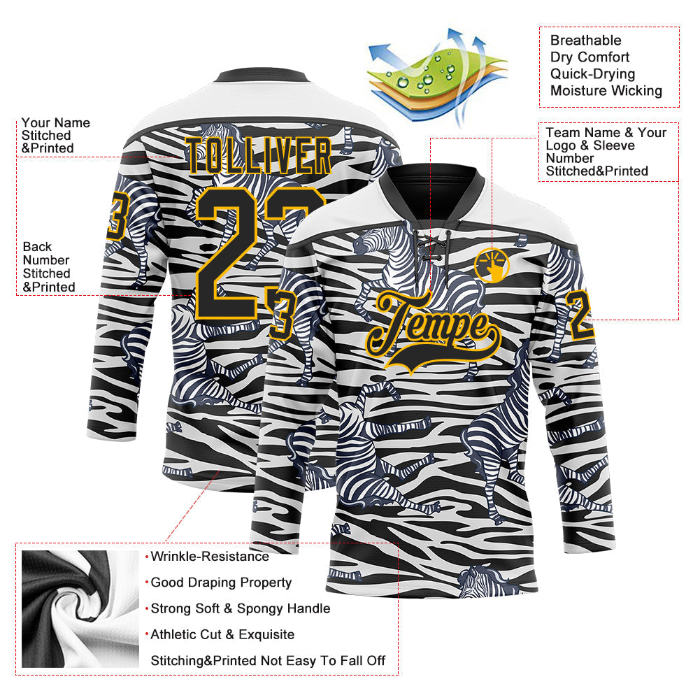 Custom White Black-Gold Zebra Print Hockey Lace Neck Jersey view 5