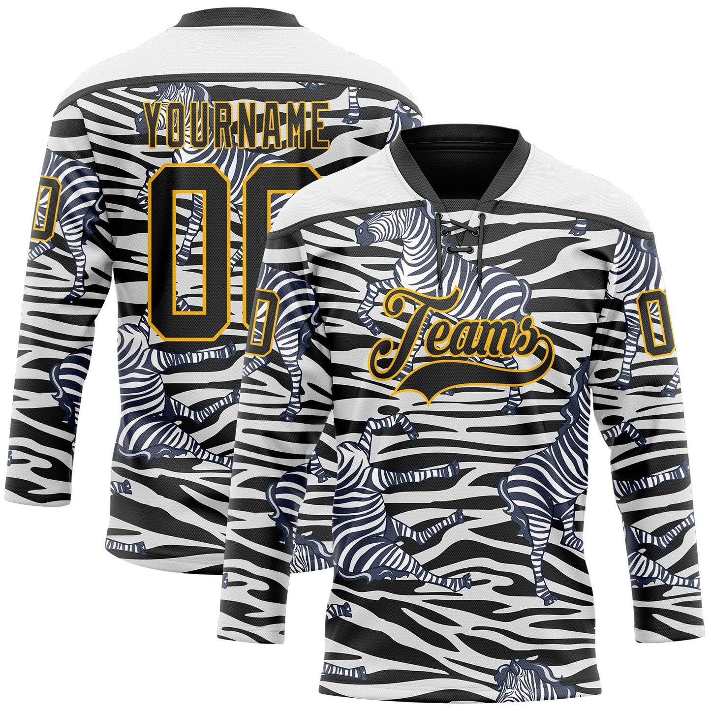 Custom White Black-Gold Zebra Print Hockey Lace Neck Jersey - Main View