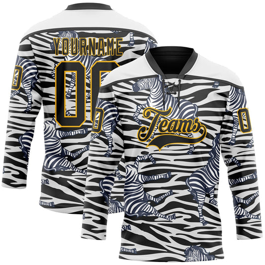 Custom White Black-Gold Zebra Print Hockey Lace Neck Jersey - Main View