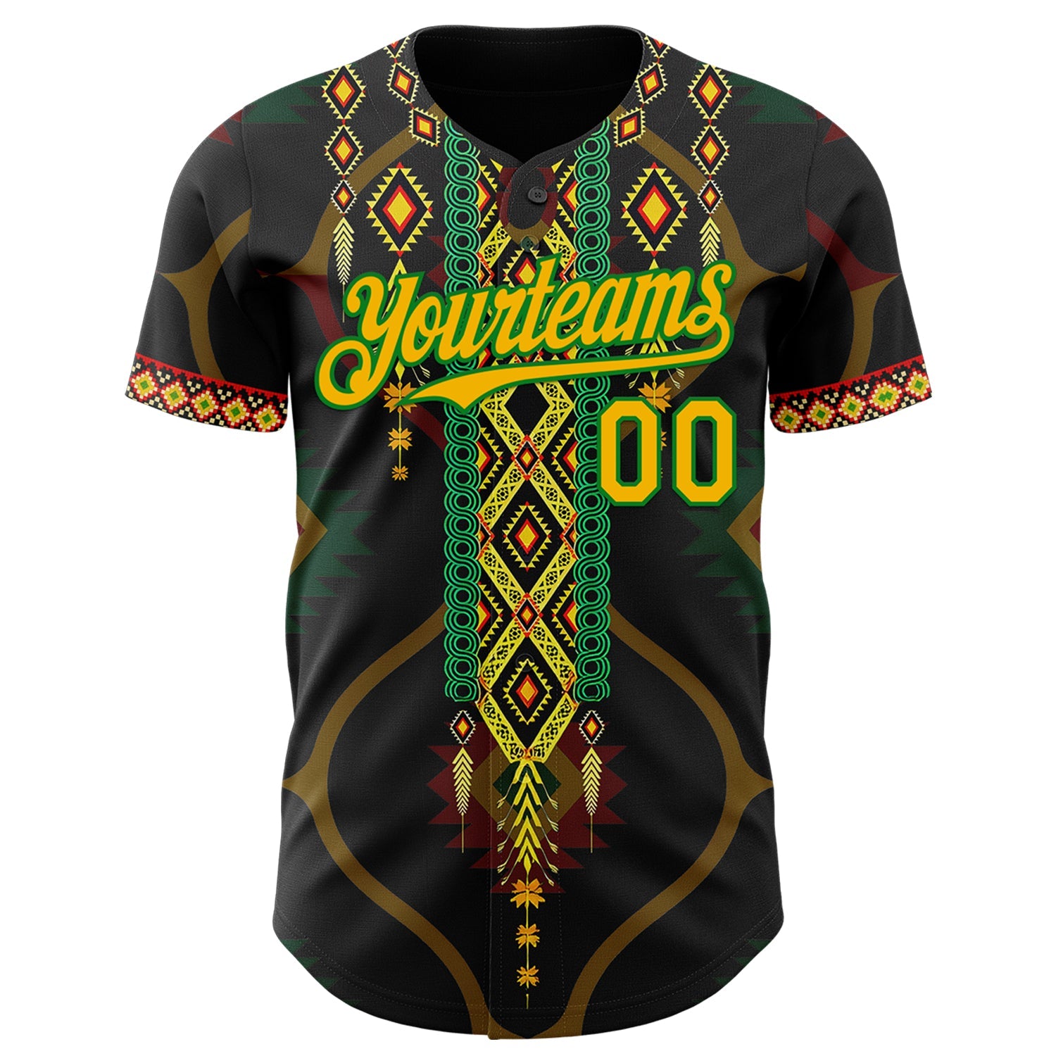 Custom Black Gold Grass Green-Red Black History Month Africa Tribal Authentic Baseball Jersey view 2