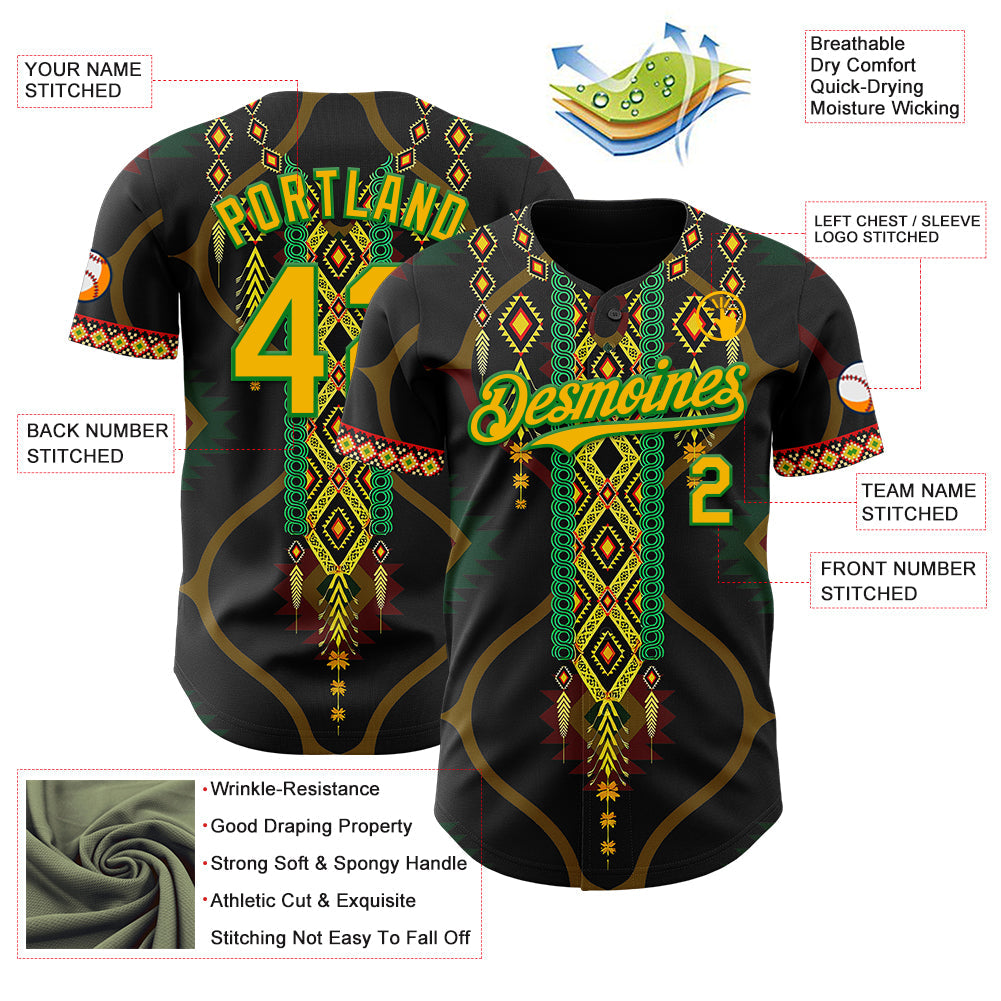 Custom Black Gold Grass Green-Red Black History Month Africa Tribal Authentic Baseball Jersey view 3