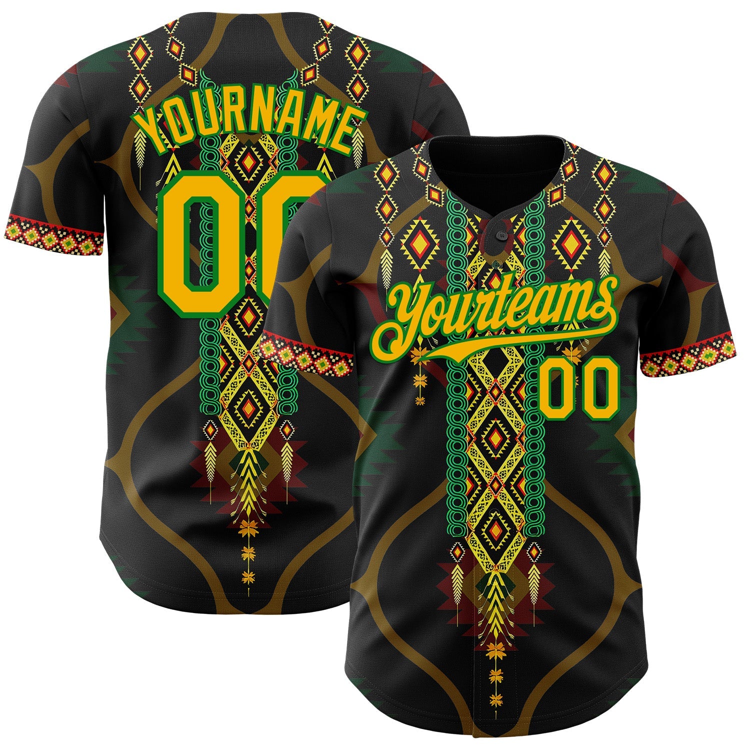 Custom Black Gold Grass Green-Red Black History Month Africa Tribal Authentic Baseball Jersey - Main View