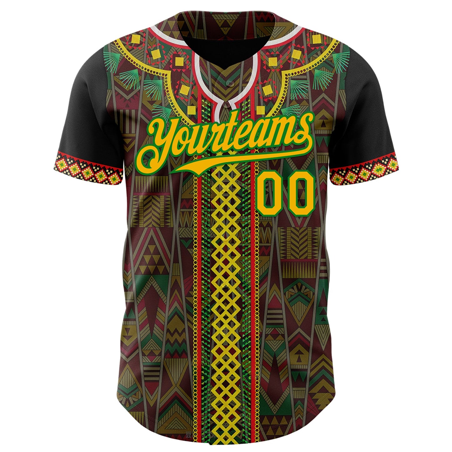 Custom Black Gold Grass Green-Red Black History Month Africa Tribal Authentic Baseball Jersey view 2