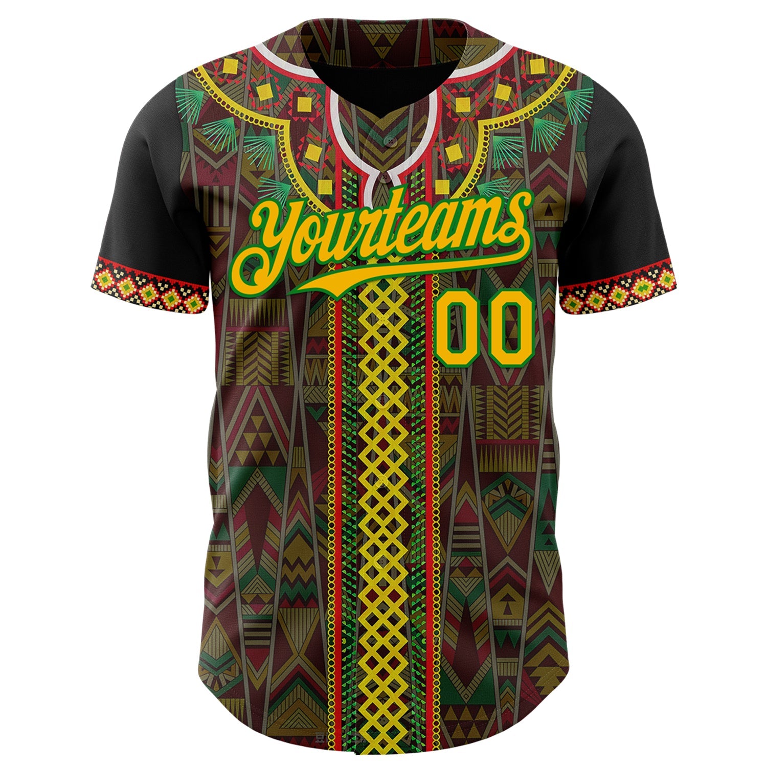 Custom Black Gold Grass Green-Red Black History Month Africa Tribal Authentic Baseball Jersey view 2