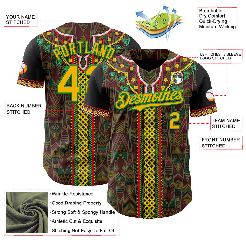Custom Black Gold Grass Green-Red Black History Month Africa Tribal Authentic Baseball Jersey view 3