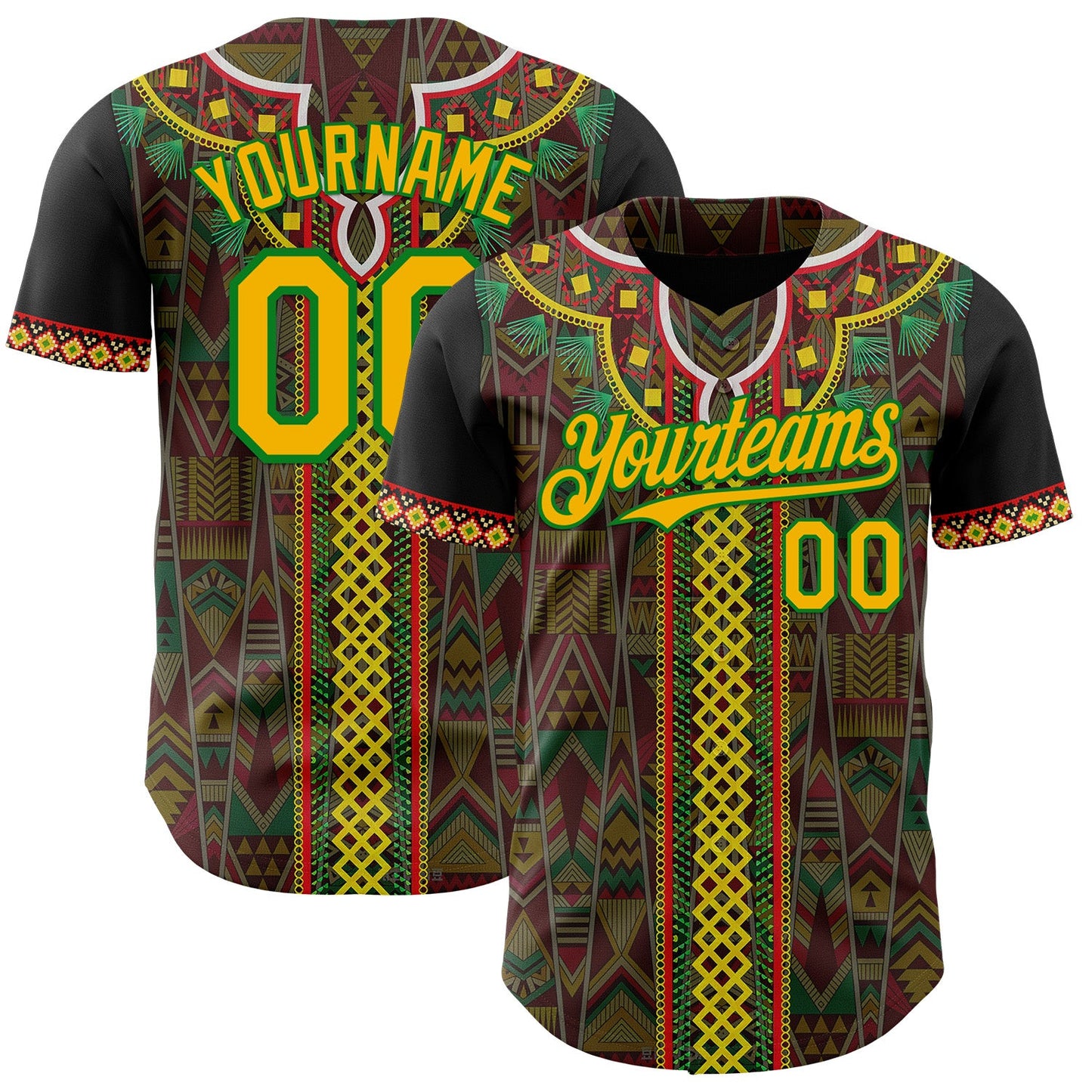Custom Black Gold Grass Green-Red Black History Month Africa Tribal Authentic Baseball Jersey - Main View