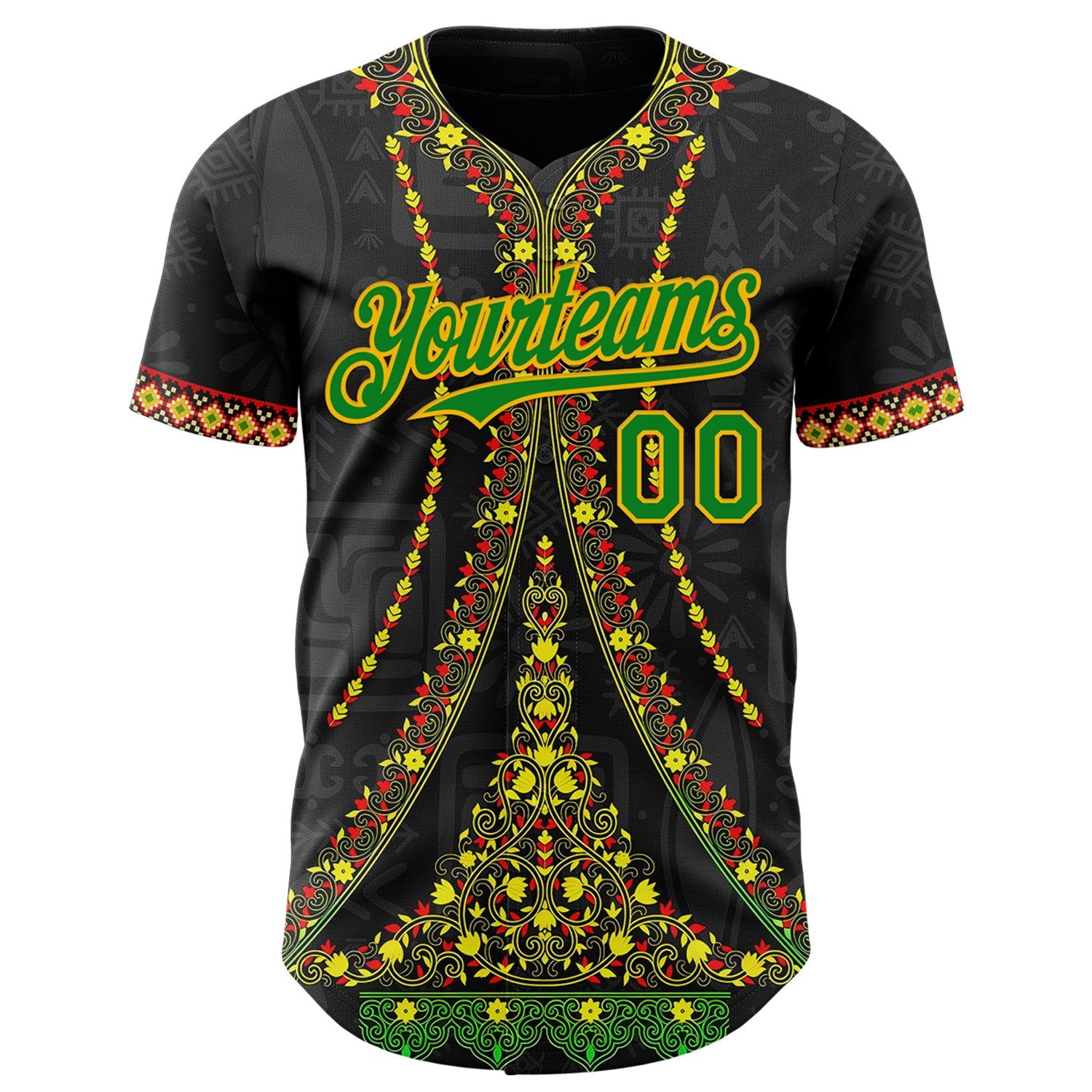 Custom Black Grass Green Gold-Red Black History Month Africa Tribal Authentic Baseball Jersey view 2