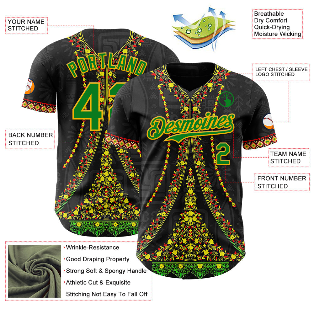 Custom Black Grass Green Gold-Red Black History Month Africa Tribal Authentic Baseball Jersey view 3