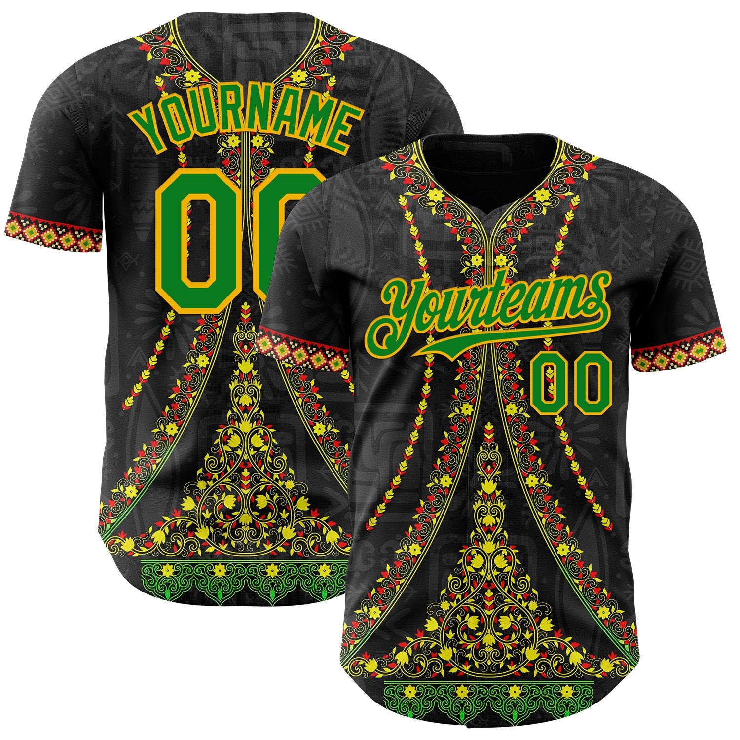 Custom Black Grass Green Gold-Red Black History Month Africa Tribal Authentic Baseball Jersey - Main View