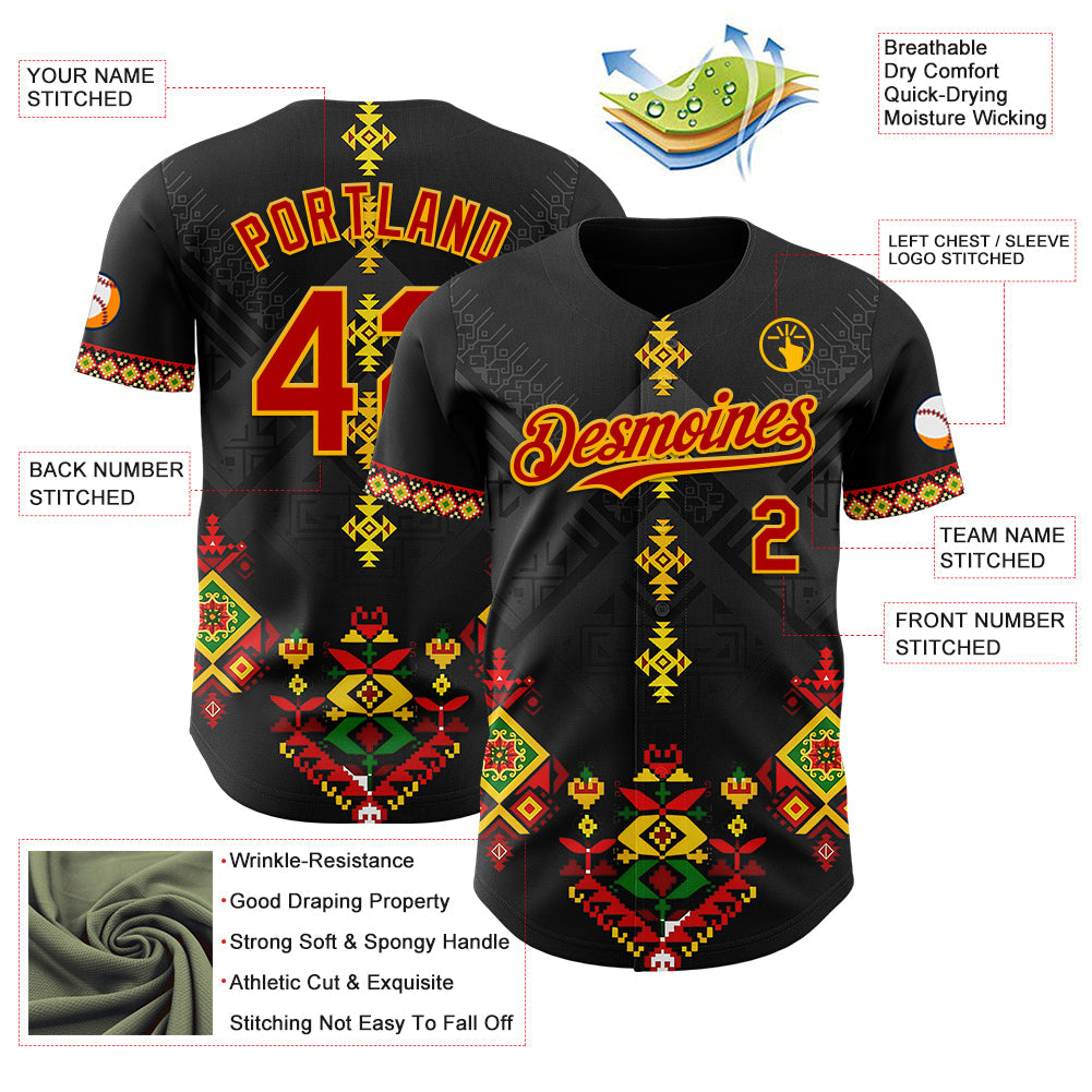 Custom Black Red Gold-Green Black History Month Africa Tribal Authentic Baseball Jersey view 3