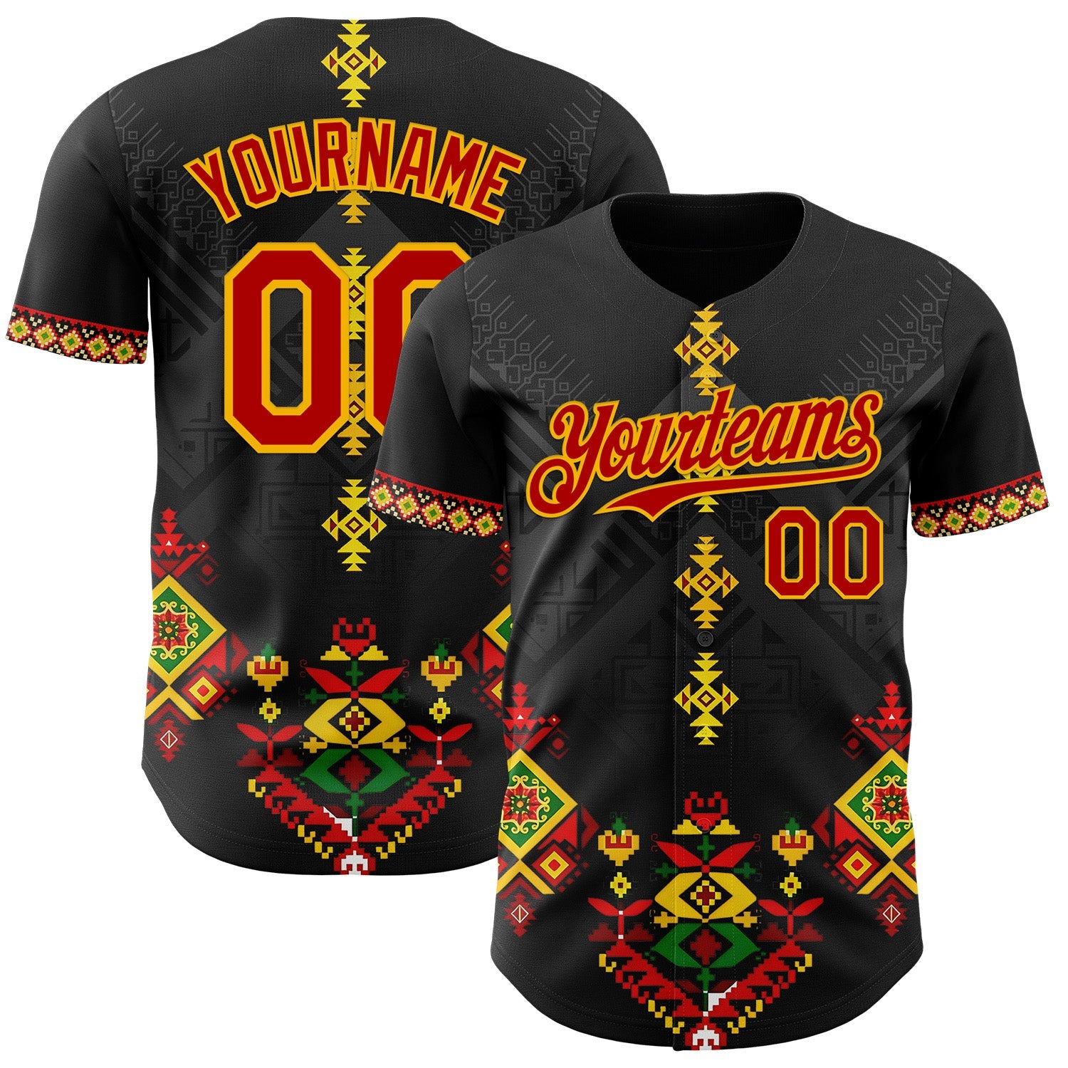 Custom Black Red Gold-Green Black History Month Africa Tribal Authentic Baseball Jersey - Main View