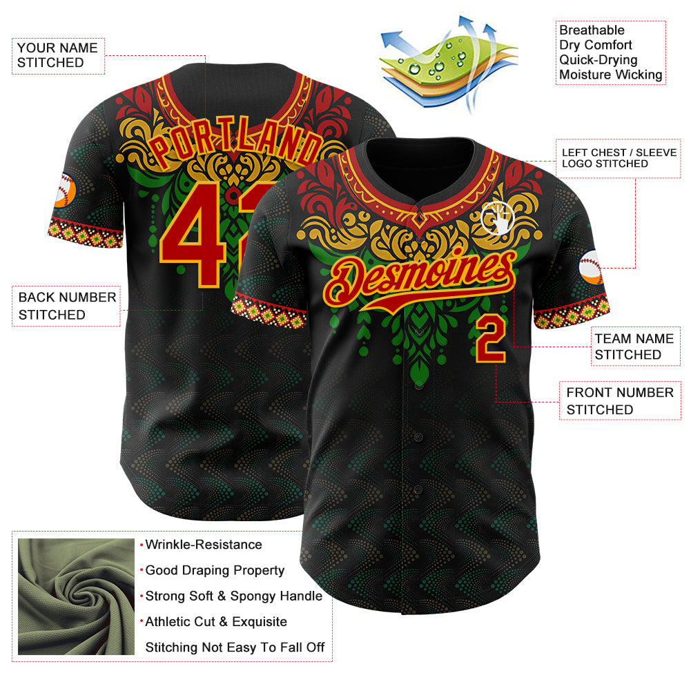 Custom Black Red Gold-Green Black History Month Africa Tribal Authentic Baseball Jersey view 3