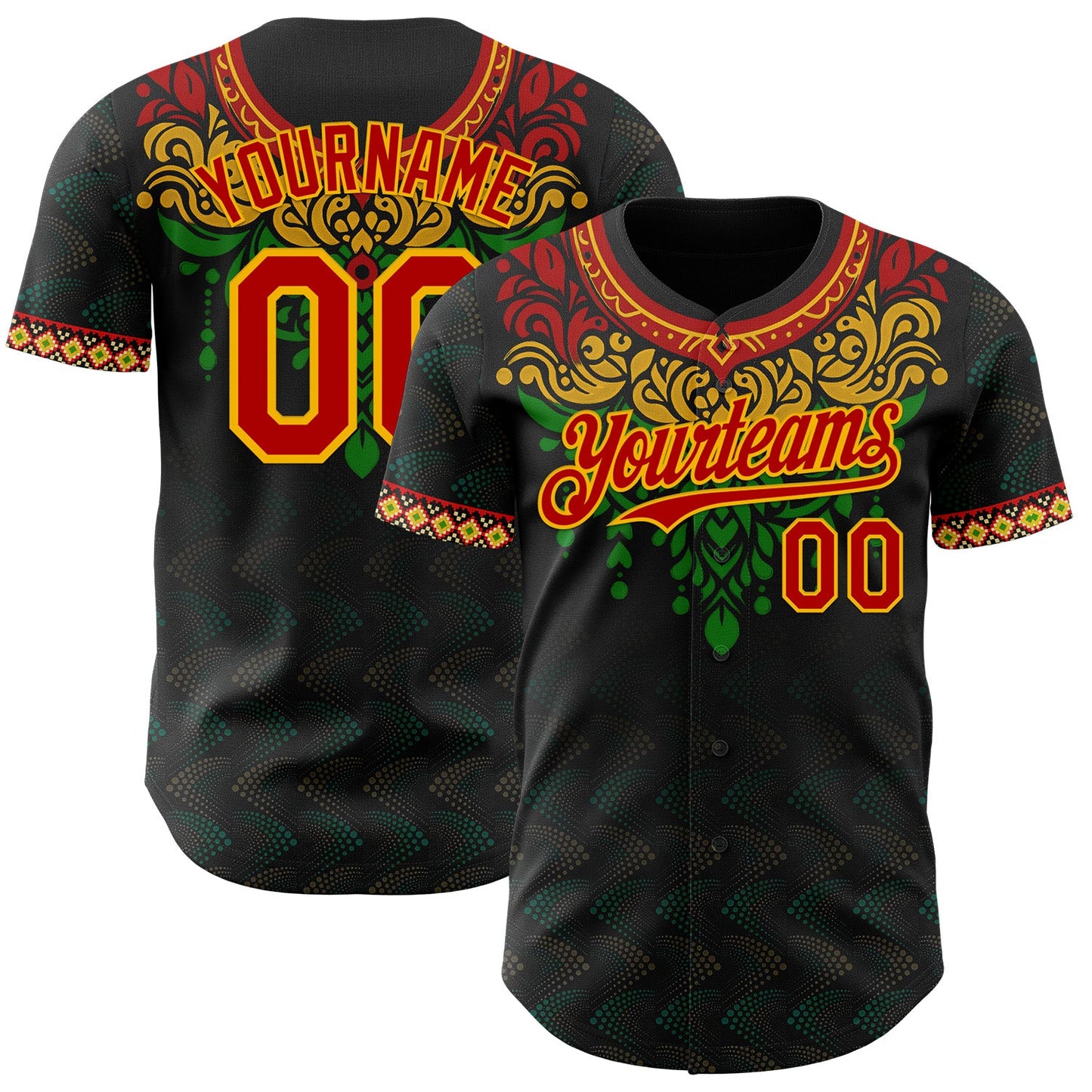 Custom Black Red Gold-Green Black History Month Africa Tribal Authentic Baseball Jersey - Main View