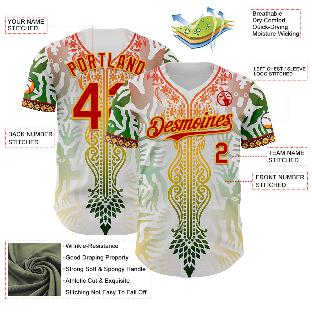 Custom White Red Green-Gold Black History Month Africa Tribal Authentic Baseball Jersey view 3