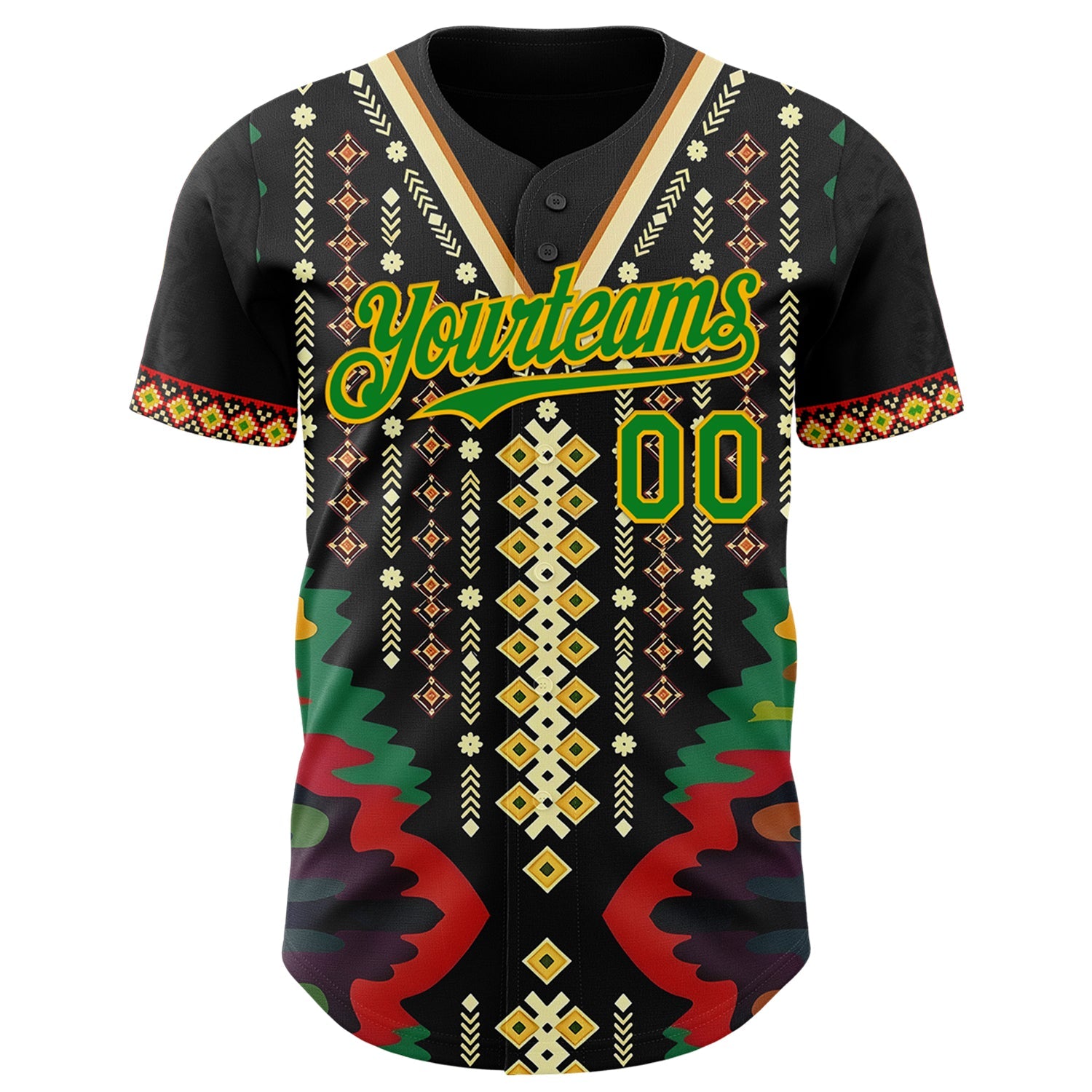 Custom Black Grass Green Red-Gold Black History Month Africa Tribal Authentic Baseball Jersey view 2