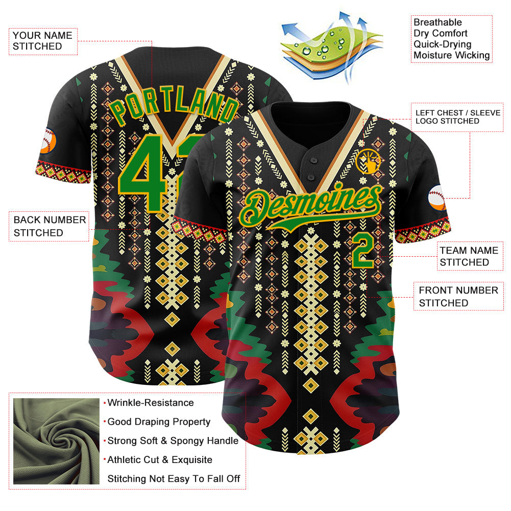 Custom Black Grass Green Red-Gold Black History Month Africa Tribal Authentic Baseball Jersey view 3
