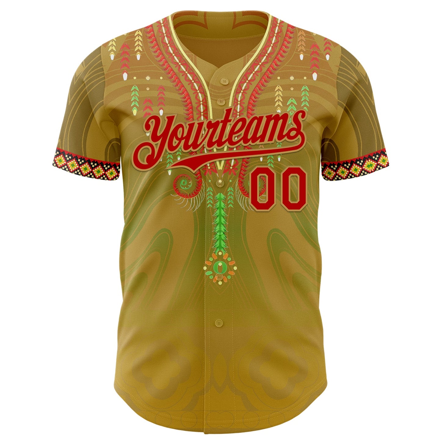 Custom Old Gold Red-Green Black History Month Africa Tribal Authentic Baseball Jersey view 2