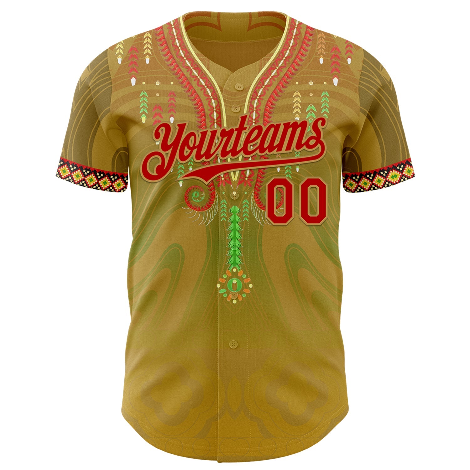 Custom Old Gold Red-Green Black History Month Africa Tribal Authentic Baseball Jersey view 2