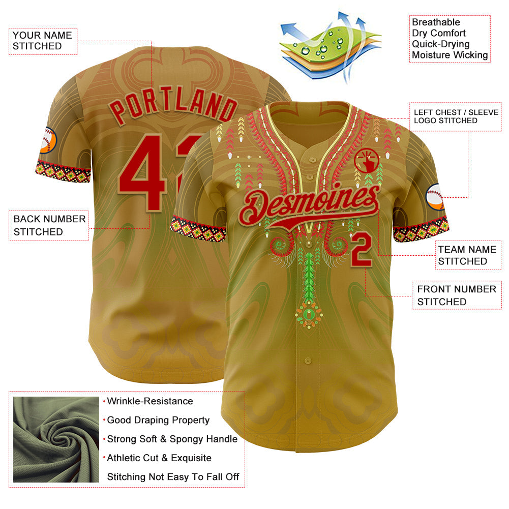 Custom Old Gold Red-Green Black History Month Africa Tribal Authentic Baseball Jersey view 3