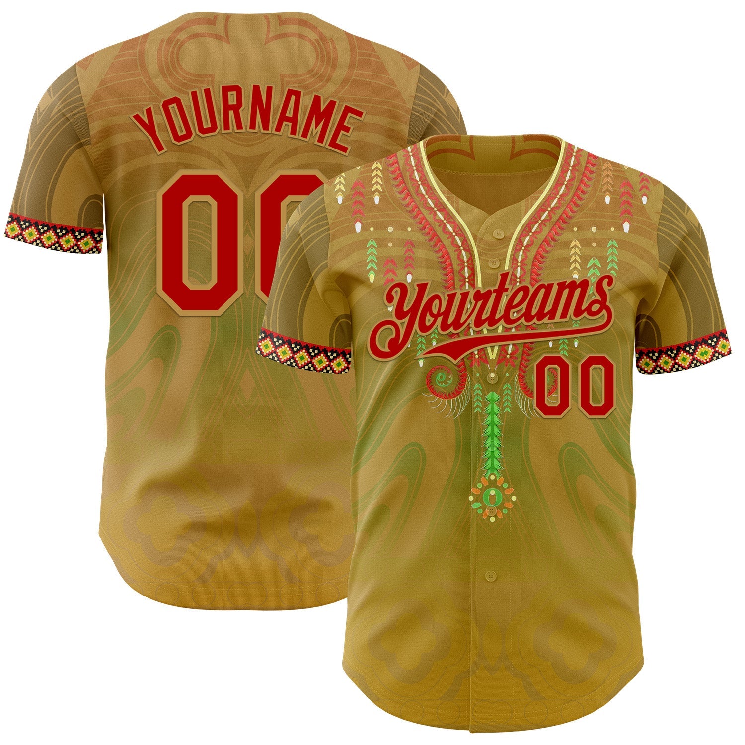 Custom Old Gold Red-Green Black History Month Africa Tribal Authentic Baseball Jersey - Main View