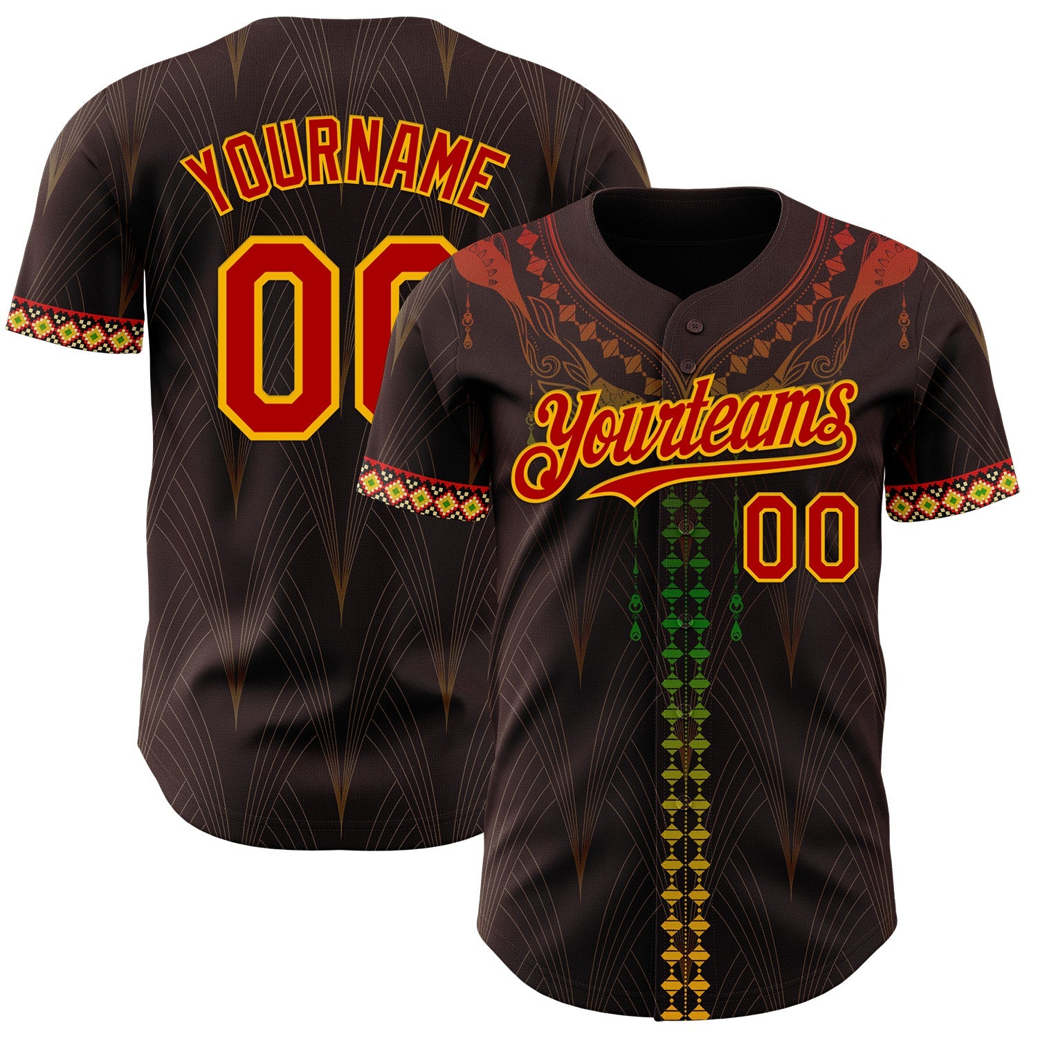 Custom Brown Red Gold-Green Black History Month Africa Tribal Authentic Baseball Jersey - Main View