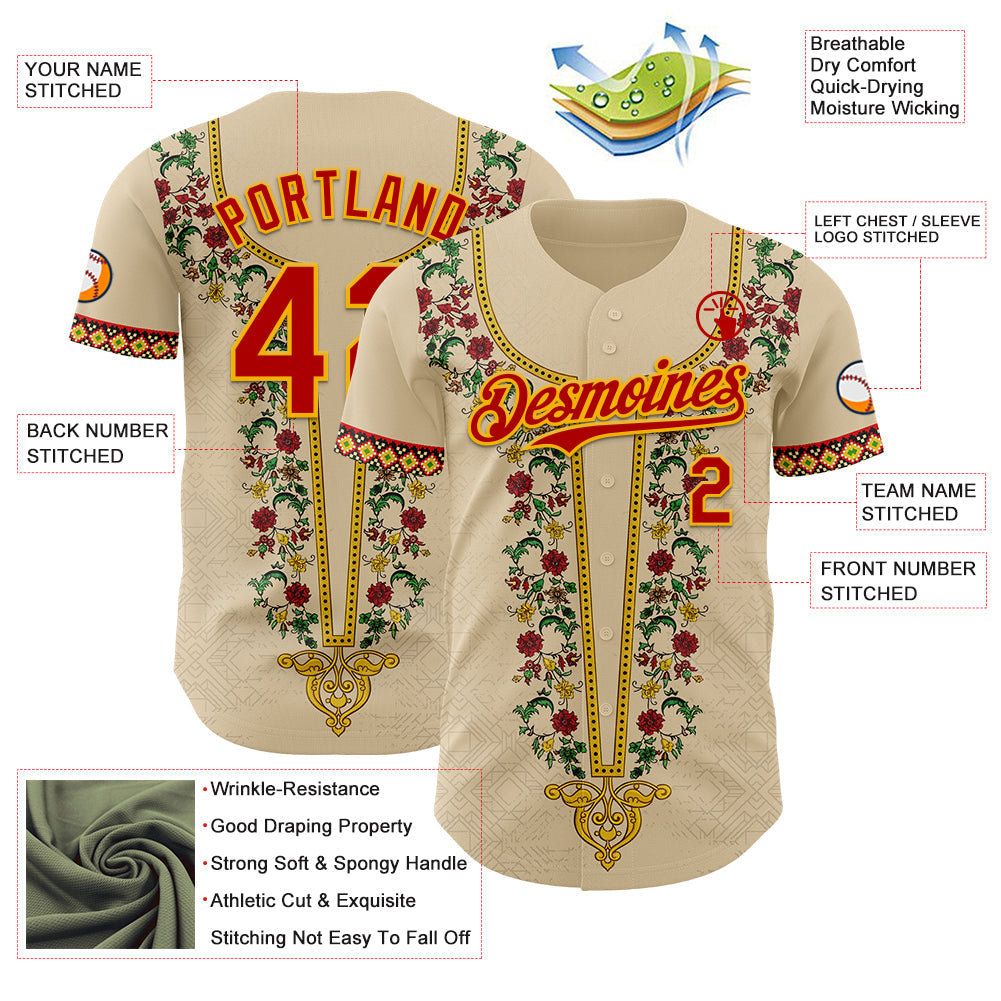 Custom City Cream Red Gold-Green Black History Month Africa Tribal Authentic Baseball Jersey view 3