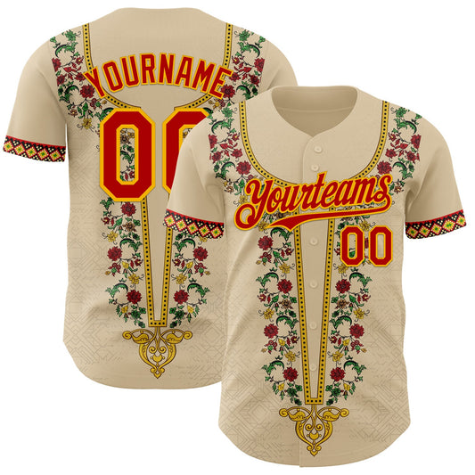 Custom City Cream Red Gold-Green Black History Month Africa Tribal Authentic Baseball Jersey - Main View