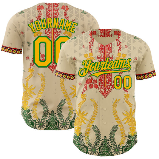 Custom Cream Gold Red-Grass Green Black History Month Africa Tribal Authentic Baseball Jersey - Main View