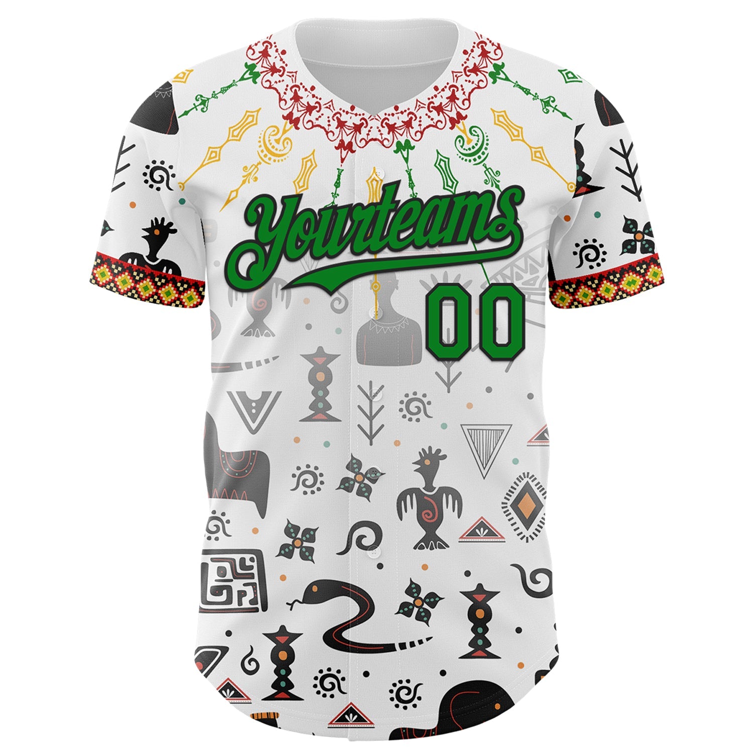 Custom White Grass Green Red Yellow-Black Black History Month Africa Tribal Authentic Baseball Jersey view 2