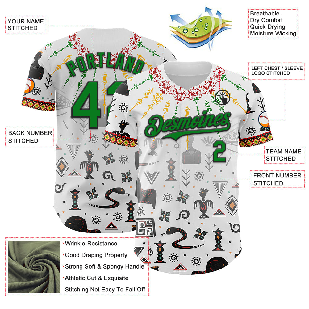 Custom White Grass Green Red Yellow-Black Black History Month Africa Tribal Authentic Baseball Jersey view 3