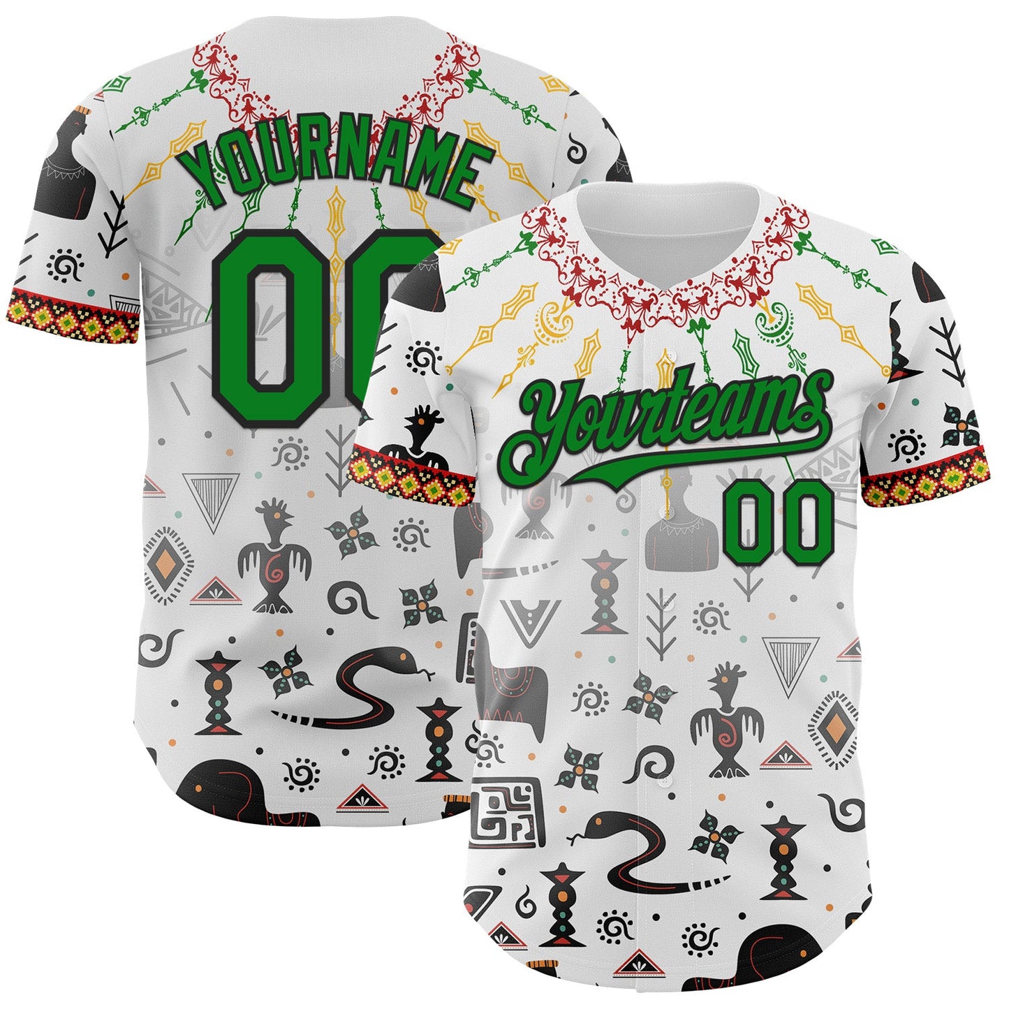 Custom White Grass Green Red Yellow-Black Black History Month Africa Tribal Authentic Baseball Jersey - Main View