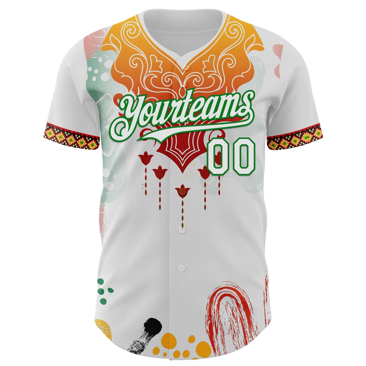 Custom White Yellow Red-Grass Green Black History Month Africa Tribal Authentic Baseball Jersey view 2