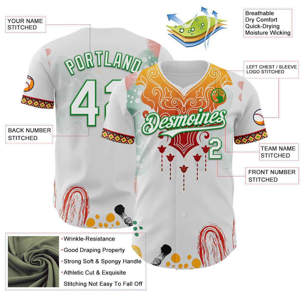 Custom White Yellow Red-Grass Green Black History Month Africa Tribal Authentic Baseball Jersey view 3