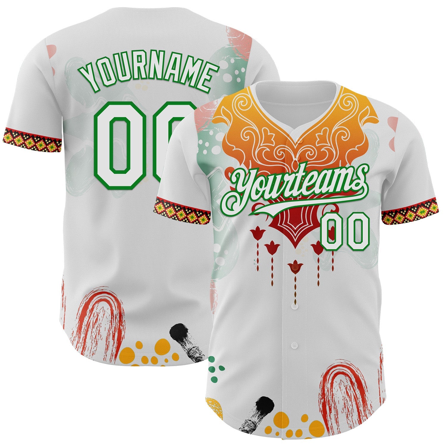 Custom White Yellow Red-Grass Green Black History Month Africa Tribal Authentic Baseball Jersey - Main View