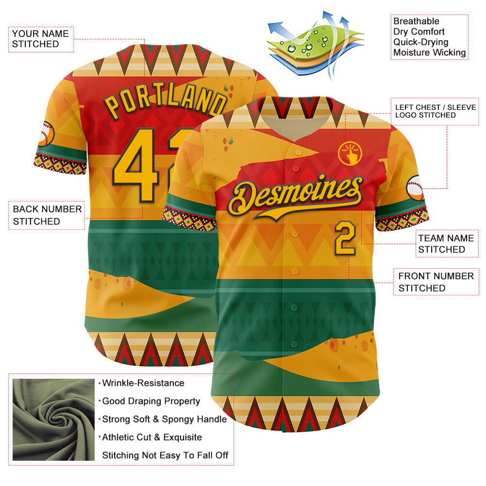 Custom Yellow Gold Red Green-Black Black History Month Africa Tribal Authentic Baseball Jersey view 3